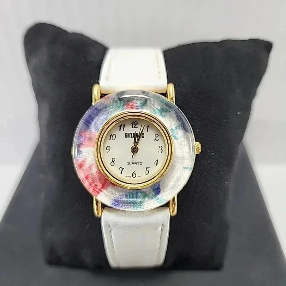 Womens Vintage Gitano Watch 32mm Gold Tone Floral Dial Leather Band New Battery